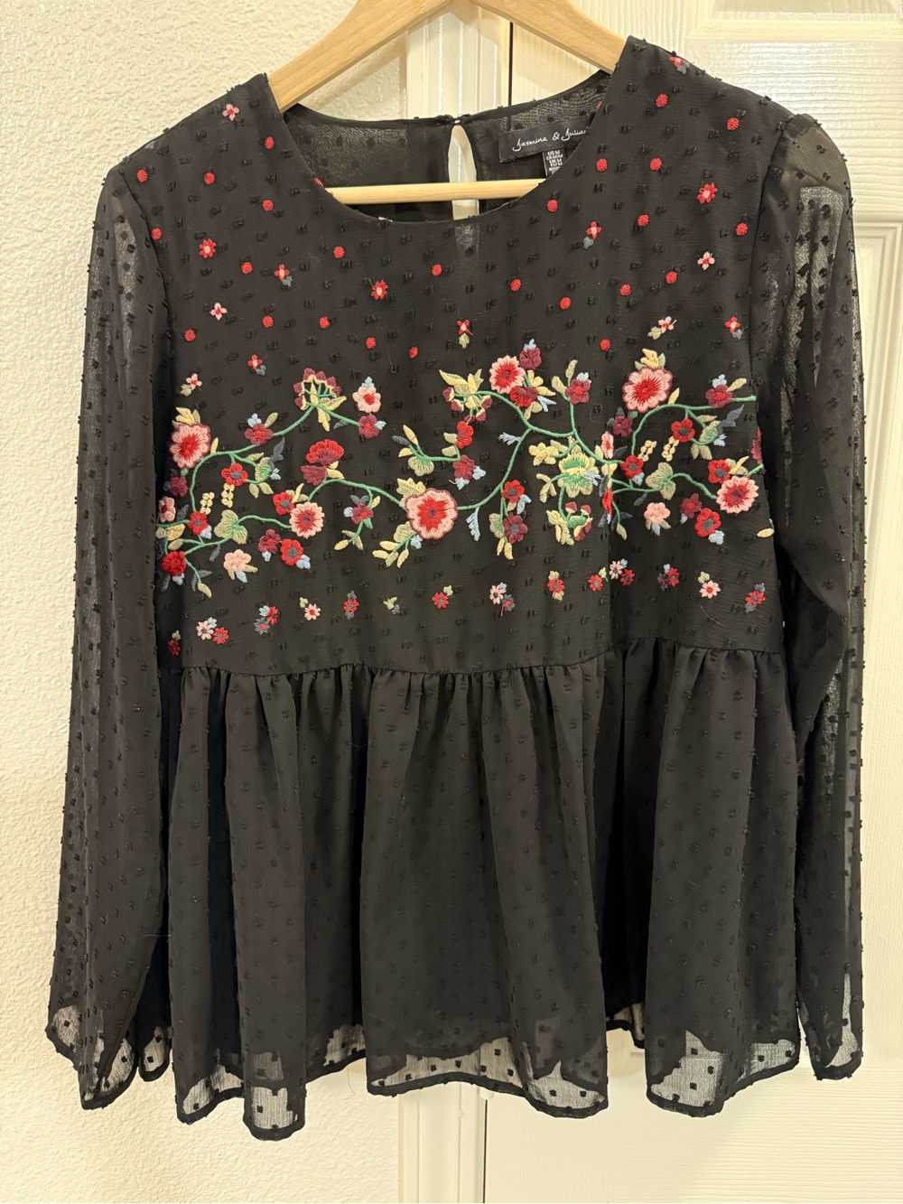 Black Embroidered Floral Swiss Dot Peplum Top